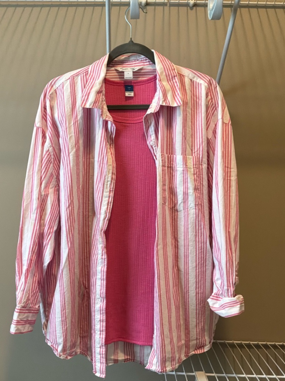 Old Navy Pink Striped Button-Up with Bright Pink Tank Layer